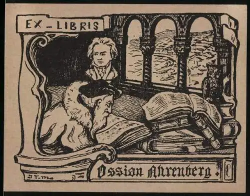 Exlibris Ossian Ahrenberg, Gelehrter liest ein Buch, Eule auf Bücherstapel, Büste von Komponist Ludwig v. Beethoven