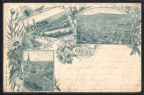 Lithographie Stuttgart-Cannstatt, Esslingen und Hasenberg