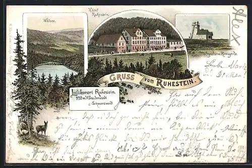 Vorläufer-Lithographie Baiersbronn, 1895, Hotel Ruhestein, Signalthurm Hornisgrinde