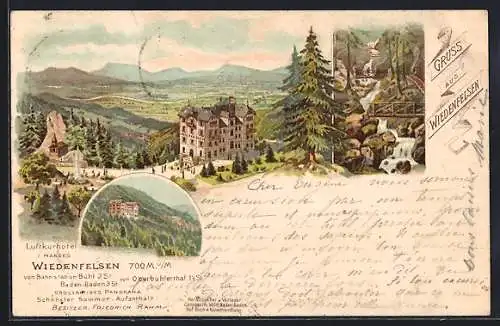 Lithographie Wiedenfelsen, Blick auf`s Hotel, Kaskaden mit Brücken