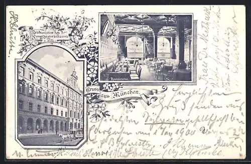 Lithographie München-Au, Restaurant des Kunstgewerbehauses mit Innenansicht, Pfandhausstrasse