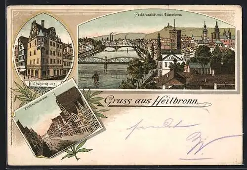 Lithographie Heilbronn, Neckaransicht mit Götzenturm, Käthchenhaus, Kirchbrunnenstrasse