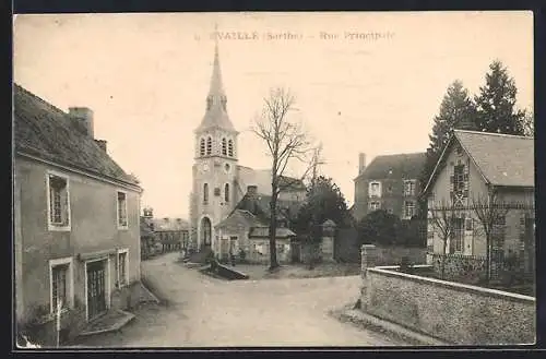 AK Évaillé, Rue Principale avec église et maisons anciennes