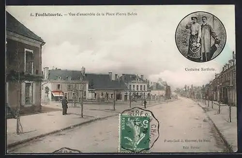 AK Foulletourte, Vue d`ensemble de la Place Pierre Belon, Costume Sarthois