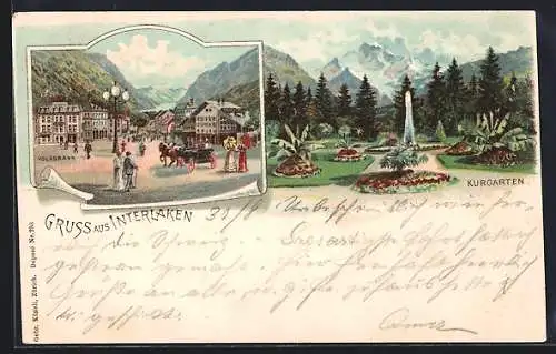 Lithographie Interlaken, Platz mit Volksbank, Fontäne im Kurgarten