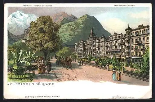 Lithographie Interlaken, Höheweg mit Passanten