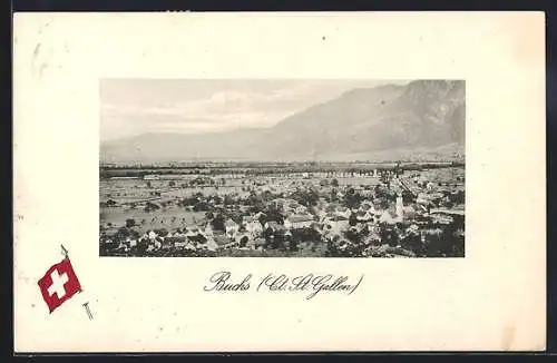 AK Buchs /St. Gallen, Ortsansicht mit Umgebung, Passepartout mit schweizer Fahne