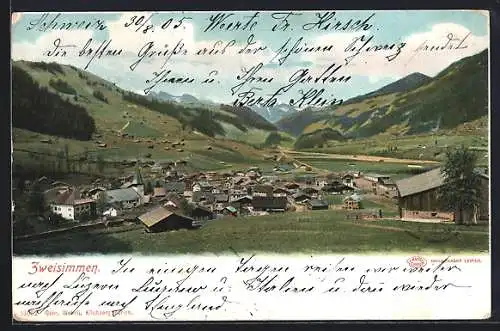 AK Zweisimmen, Ortsansicht mit Berglandschaft