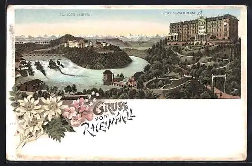 Lithographie Schaffhausen, Hotel Schweizerhof, Schloss Lauffen, Rheinfall, Edelweiss