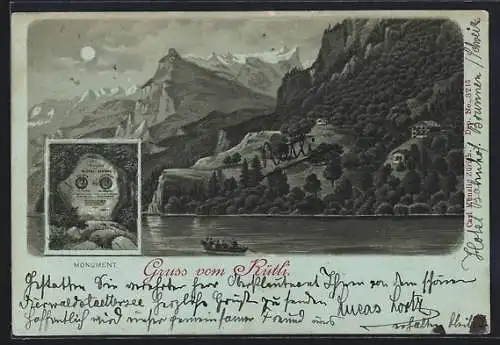 Mondschein-Lithographie Rütli, Monument und Ruderboot auf dem See