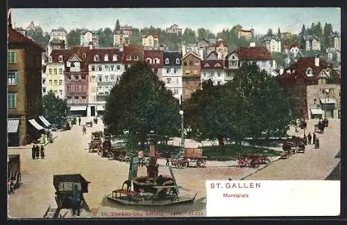 AK St. Gallen, Marktplatz mit Denkmal und Geschäften