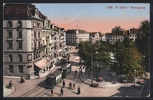 AK St. Gallen, Marktgasse mit Strassenbahn