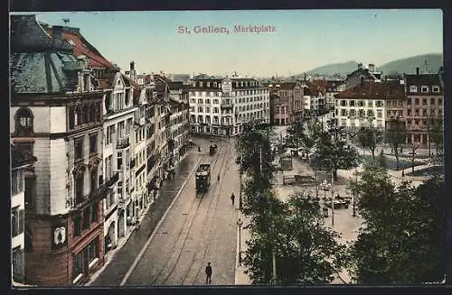 AK St. Gallen, Marktplatz mit Strassenbahn