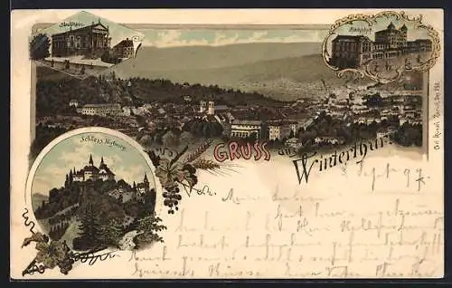 Lithographie Winterthur, Schloss Kyburg, Totalansicht mit Gebirgskette