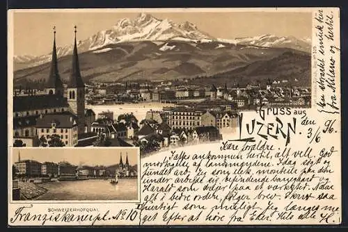 Lithographie Luzern, Schweizerhofquai und Stadtpanorama