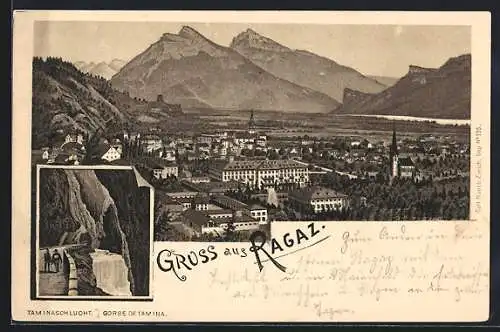 Lithographie Ragaz, Taminaschlucht mit Wasserfall, Ortsansicht mit Kirchen