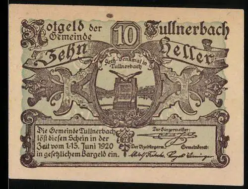 Notgeld Tullnerbach 1920, 10 Heller, Ornamente mit Gedenkstein-Motiv