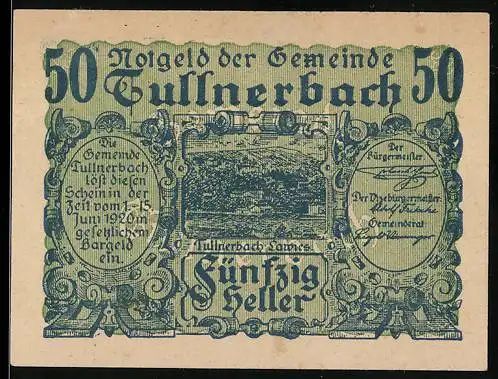 Notgeld Tullnerbach 1920, 50 Heller, Landschaftspanorama und Texttafeln