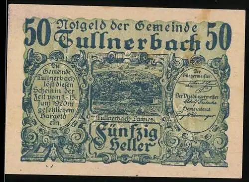 Notgeld Tullnerbach 1920, 50 Heller, Landschaftsmotiv und dekorativer Rahmen