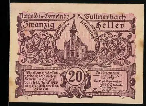 Notgeld Tullnerbach 1920, 20 Heller, Gemeindeansicht mit Kirche und Wappenornamenten