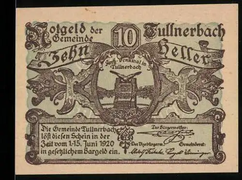 Notgeld Tullnerbach 1920, 10 Heller, Denkmalmotiv und Schriftzug der Gemeinde