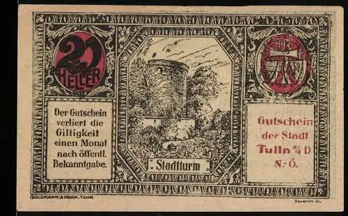 Notgeld Tulln, 20 Heller, Stadtturm-Motiv, 2. Auflage, Gutschein der Stadt Tulln an der Donau