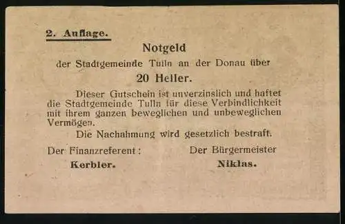 Notgeld Tulln, 20 Heller, Stadtturm-Motiv, 2. Auflage, Gutschein der Stadt Tulln an der Donau