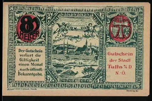 Notgeld Tulln, 80 Heller, Stadtansicht mit Wappen und Jahreszahl 1630