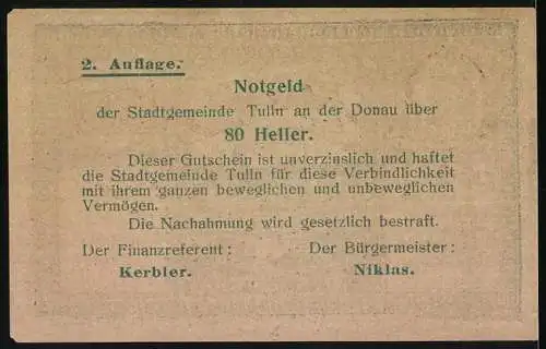 Notgeld Tulln, 80 Heller, Stadtansicht mit Wappen und Jahreszahl 1630