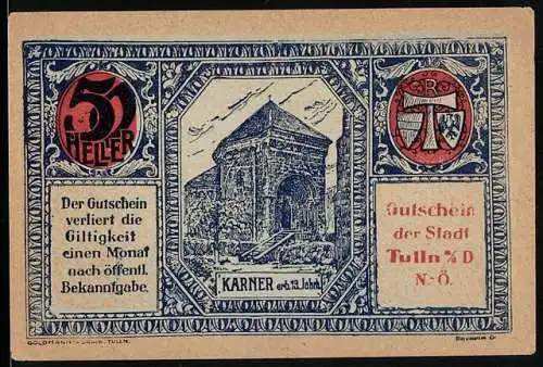 Notgeld Tulln, 50 Heller, Karner-Motiv aus dem 13. Jahrhundert, Stadtwappen, Seriennummer