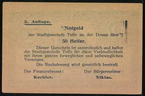 Notgeld Tulln, 50 Heller, Karner-Motiv aus dem 13. Jahrhundert, Stadtwappen, Seriennummer