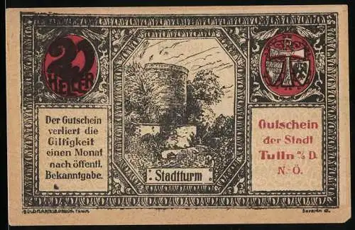 Notgeld Tulln, 20 Heller, Stadtturm-Motiv, Gutschein der Stadt Tulln an der Donau