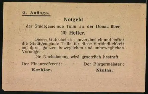 Notgeld Tulln, 20 Heller, Stadtturm-Motiv, Gutschein der Stadt Tulln an der Donau