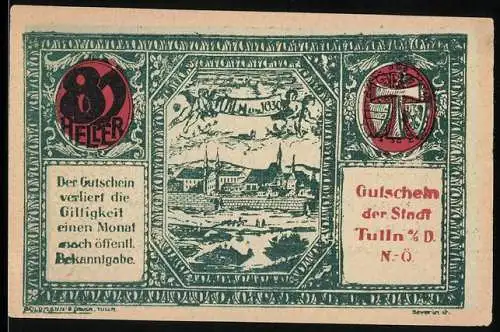 Notgeld Tulln, 80 Heller, Stadtansicht mit Banner Anno 1630, Seriennummer und Wappen vorhanden