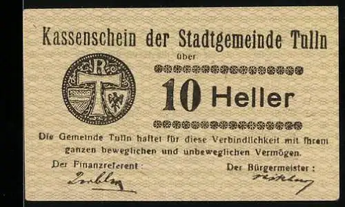 Notgeld Tulln 1920, 10 Heller, Stadtwappen und Signaturen