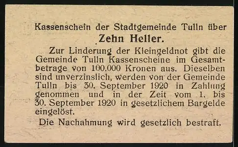 Notgeld Tulln 1920, 10 Heller, Stadtwappen und Signaturen