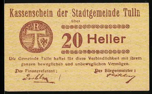 Notgeld Tulln 1920, 20 Heller, Stadtwappen und Finanzreferentensignatur