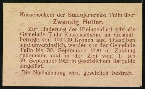 Notgeld Tulln 1920, 20 Heller, Stadtwappen und Finanzreferentensignatur