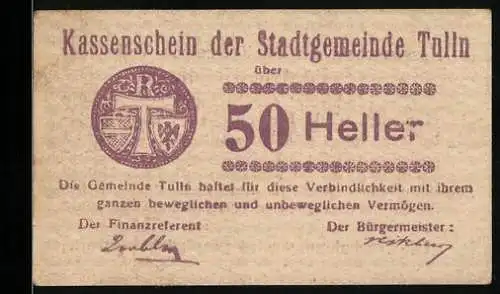 Notgeld Tulln 1920, 50 Heller, Stadtwappen und Garantietext der Gemeinde Tulln