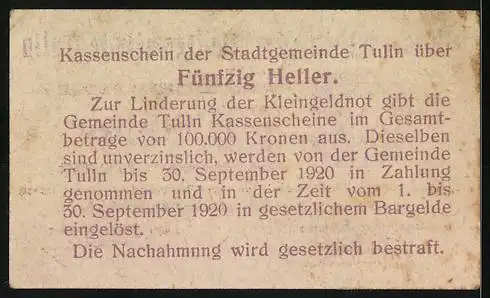 Notgeld Tulln 1920, 50 Heller, Stadtwappen und Garantietext der Gemeinde Tulln