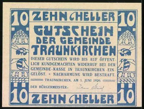 Notgeld Traunkirchen 1920, 10 Heller, Frauenfiguren und Segelboot-Motiv