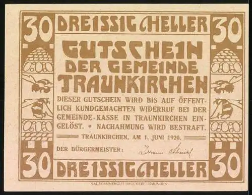 Notgeld Traunkirchen 1920, 30 Heller, religiöses Motiv und dekorative Muster