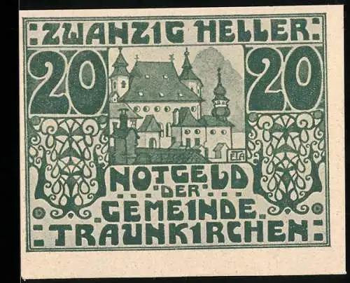 Notgeld Traunkirchen 1920, 20 Heller, Ortsansicht und dekorative Muster