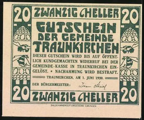 Notgeld Traunkirchen 1920, 20 Heller, Ortsansicht und dekorative Muster