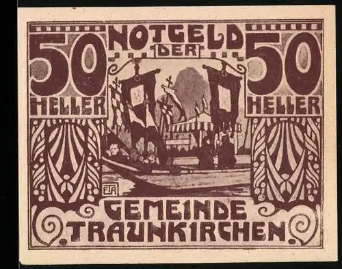 Notgeld Traunkirchen 1920, 50 Heller, Schiffe und Ornamente