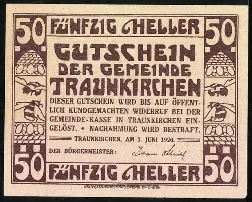 Notgeld Traunkirchen 1920, 50 Heller, Schiffe und Ornamente