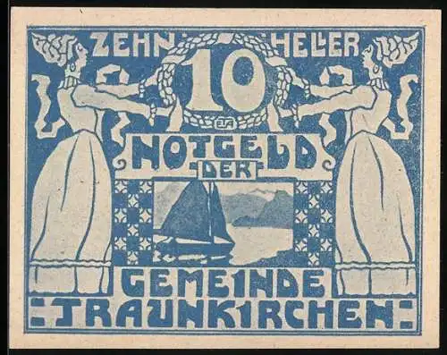 Notgeld Traunkirchen 1920, 10 Heller, Segelboot und Frauenfiguren-Motiv