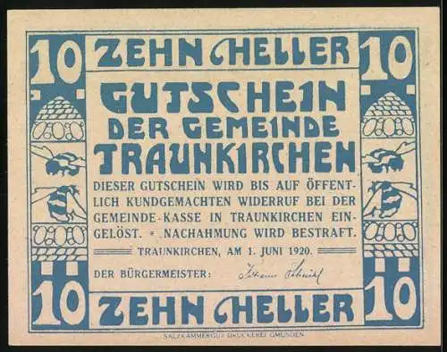 Notgeld Traunkirchen 1920, 10 Heller, Segelboot und Frauenfiguren-Motiv