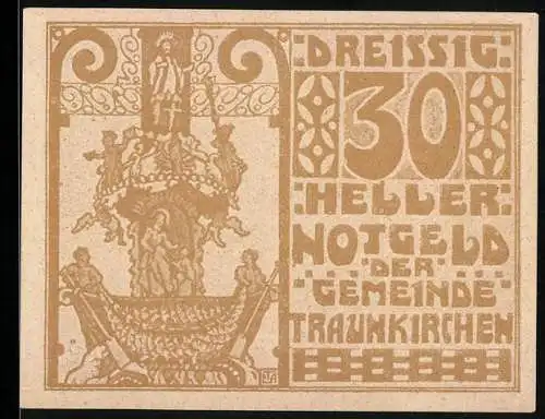 Notgeld Traunkirchen 1920, 30 Heller, kunstvolle Darstellung mit Heiligenfigur und Ornamenten