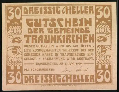 Notgeld Traunkirchen 1920, 30 Heller, kunstvolle Darstellung mit Heiligenfigur und Ornamenten